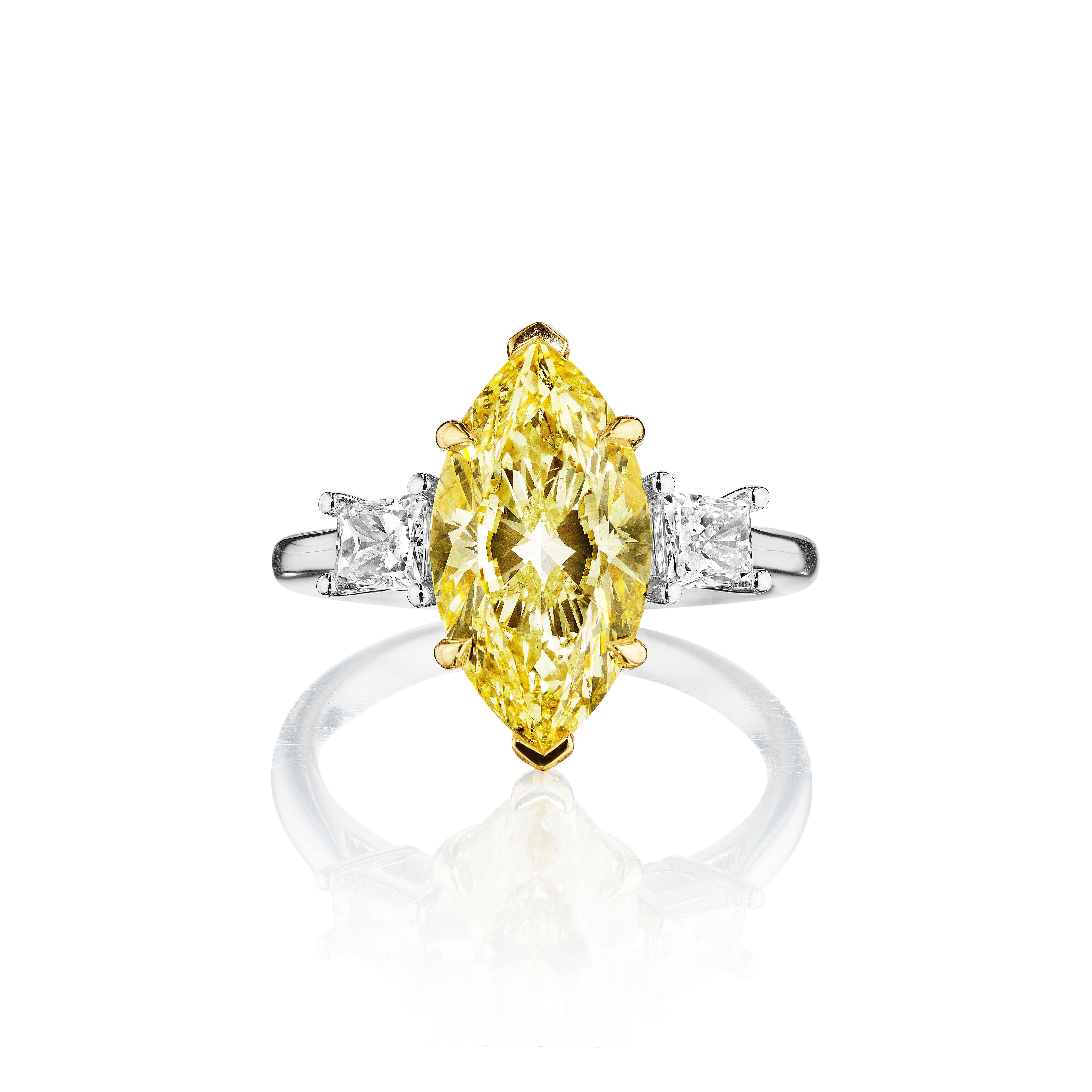 •	Platinum & 18KT Two Tone
•	Size: 6.50
•	Carat Weight: 4.09 Carats

•	Number of Marquise Diamonds: 1
•	Carat Weight: 3.52ctw
•	Color: Fancy Light Yellow
•	Clarity: SI2
•	GIA: 6227881216

•	Number of Baguette Diamonds: 2
•	Carat Weight: