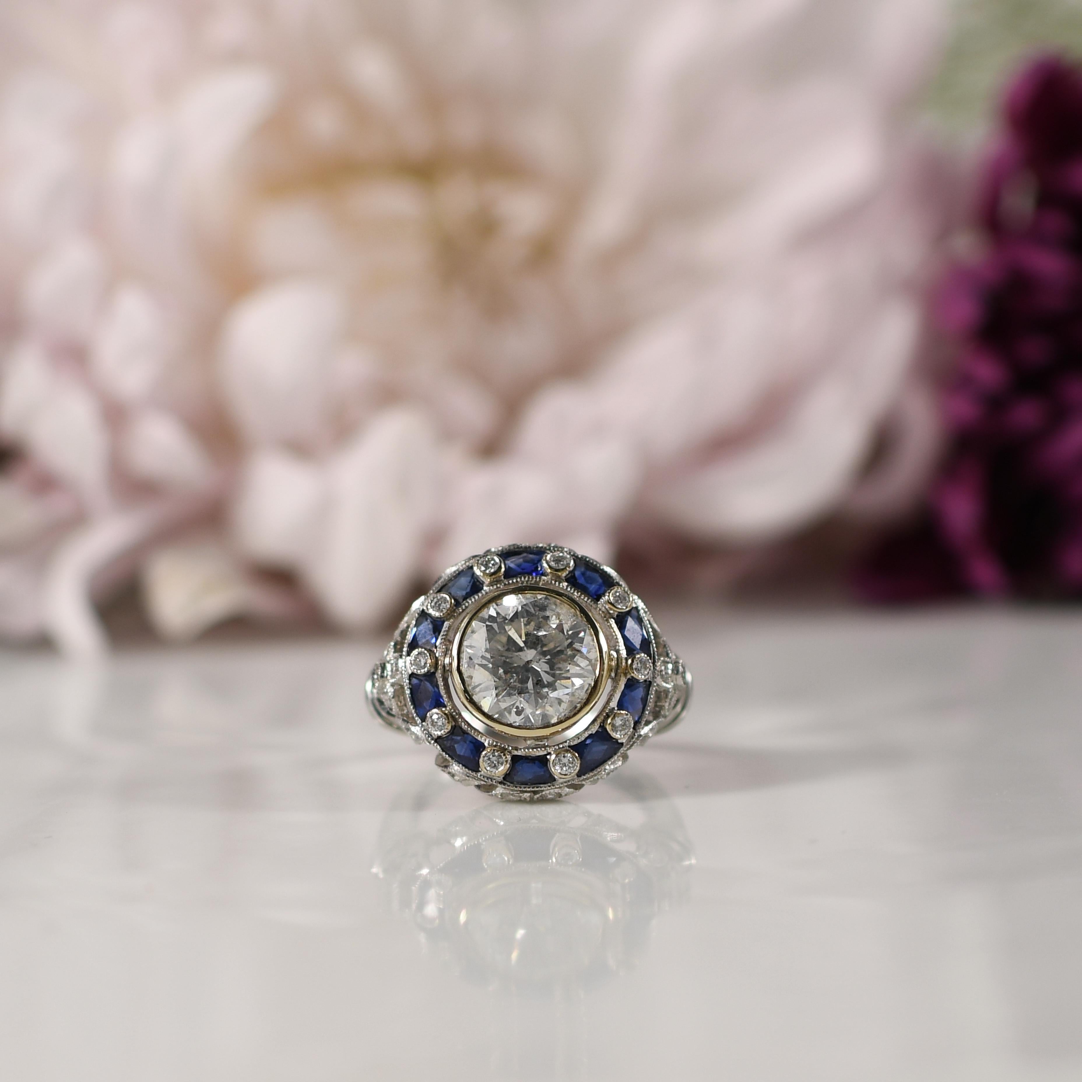 3.52ct Old European Cut Diamond 18K Art Deco Inspired Bezel Set Sapphire Halo For Sale 5