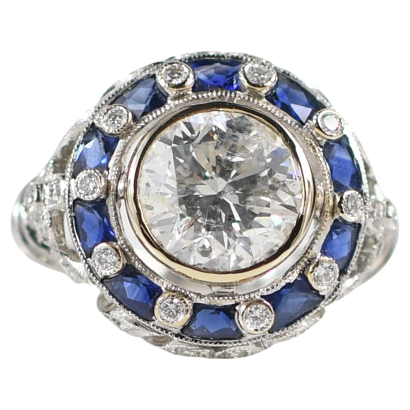 3.52ct Old European Cut Diamond 18K Art Deco Inspired Bezel Set Sapphire Halo For Sale