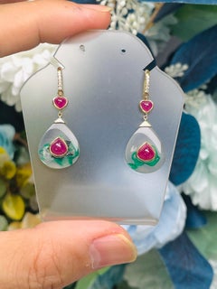 3.52Gram 1.98 Ct unheated Ruby Earring 18K Gold with Moss Agate Natural Dianond