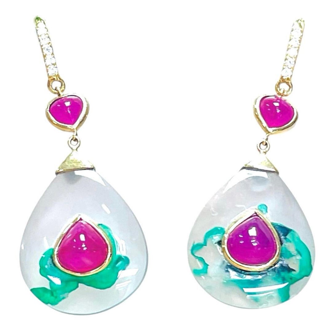 3.52Gram 1.98 Ct unheated Ruby Earring 18K Gold with Moss Agate Natural Dianond For Sale