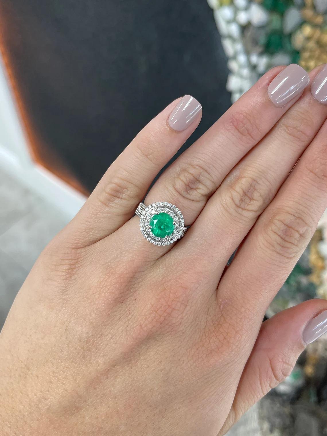 Round Cut 3.52tcw 14K Round Vivid Colombian Emerald & Diamond Double Halo Engagement Ring For Sale