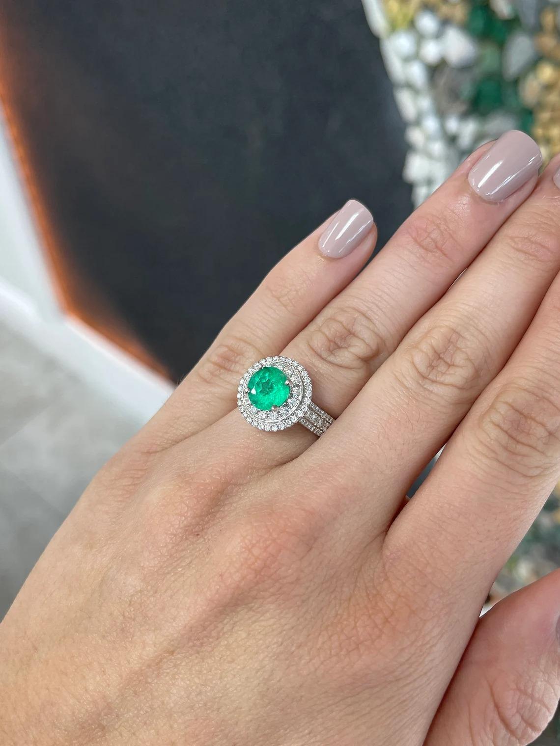 3.52tcw 14K Round Vivid Colombian Emerald & Diamond Double Halo Engagement Ring In New Condition For Sale In Jupiter, FL