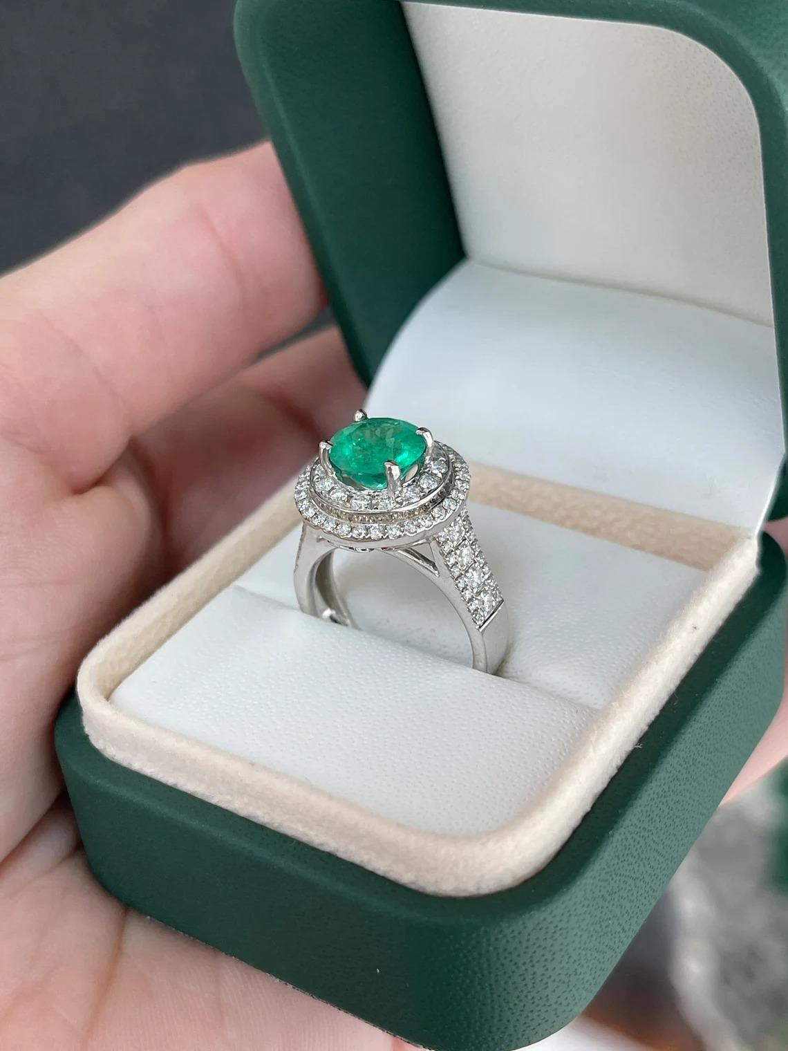 3.52tcw 14K Round Vivid Colombian Emerald & Diamond Double Halo Engagement Ring For Sale 2