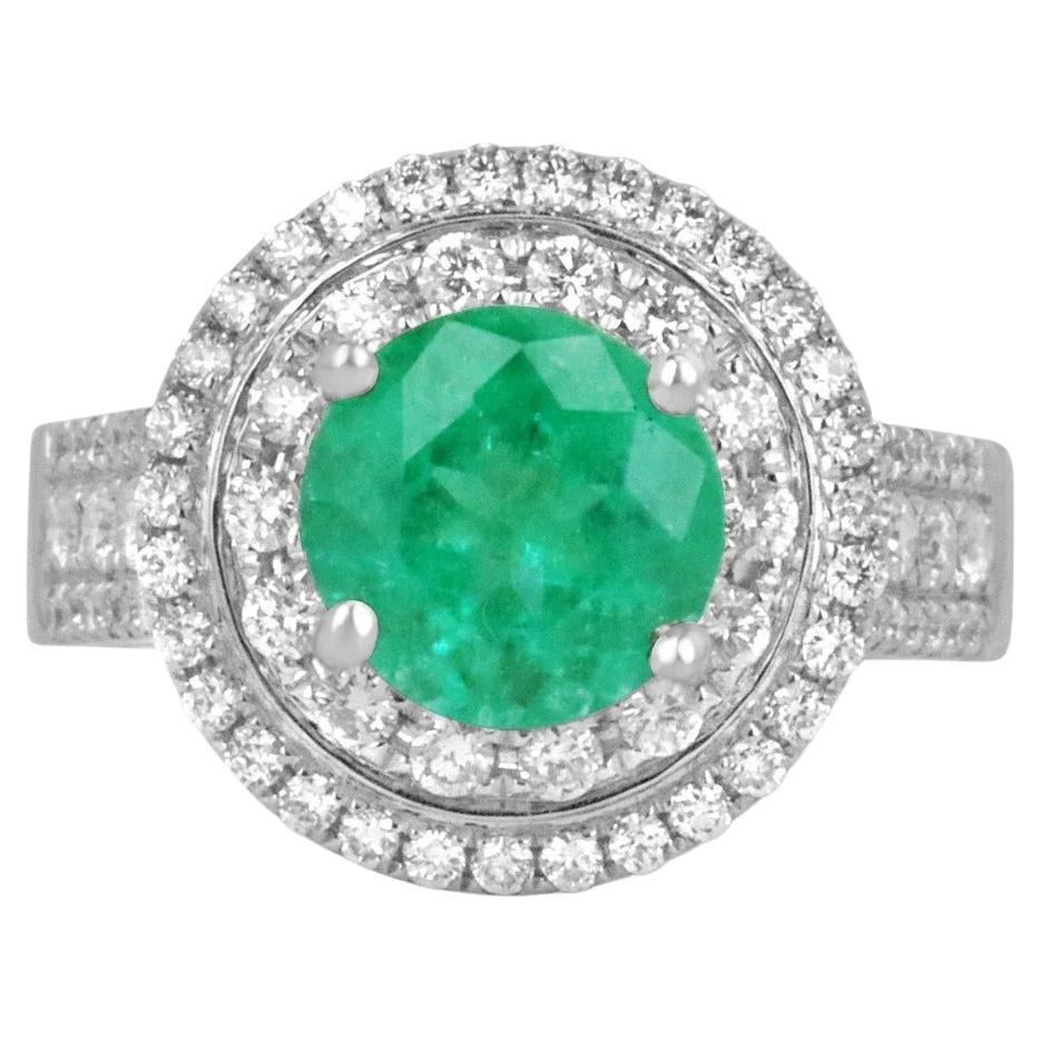 3.52tcw 14K Round Vivid Colombian Emerald & Diamond Double Halo Engagement Ring For Sale