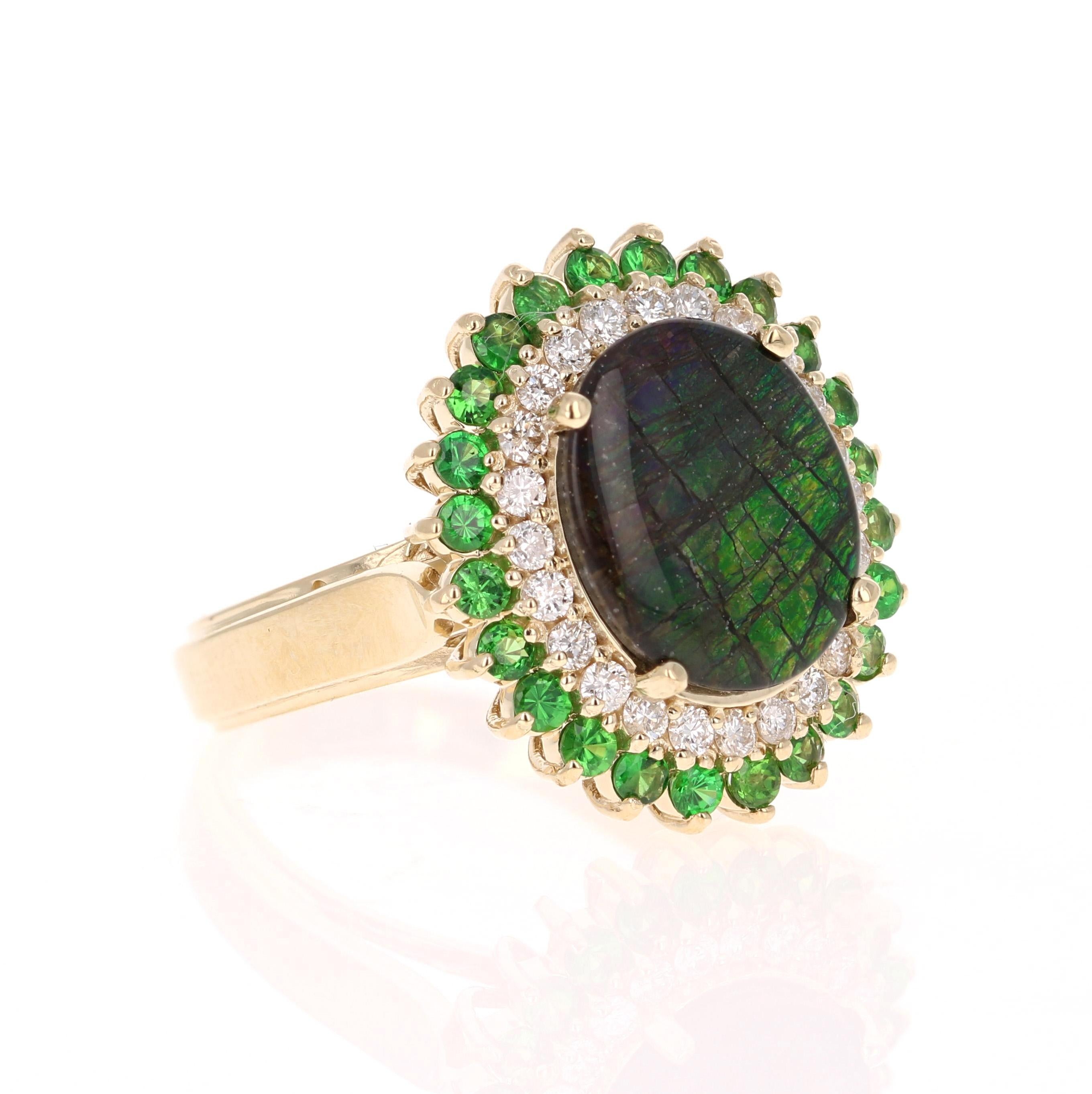 This unique ring has a 2.43 Carat Oval Cut Ammolite.  Ammolite is an Opal-like organic gemstone that has optical properties that cause it to flash spectacular iridescent colors. It is primarily found in the eastern slopes of the North American Rocky