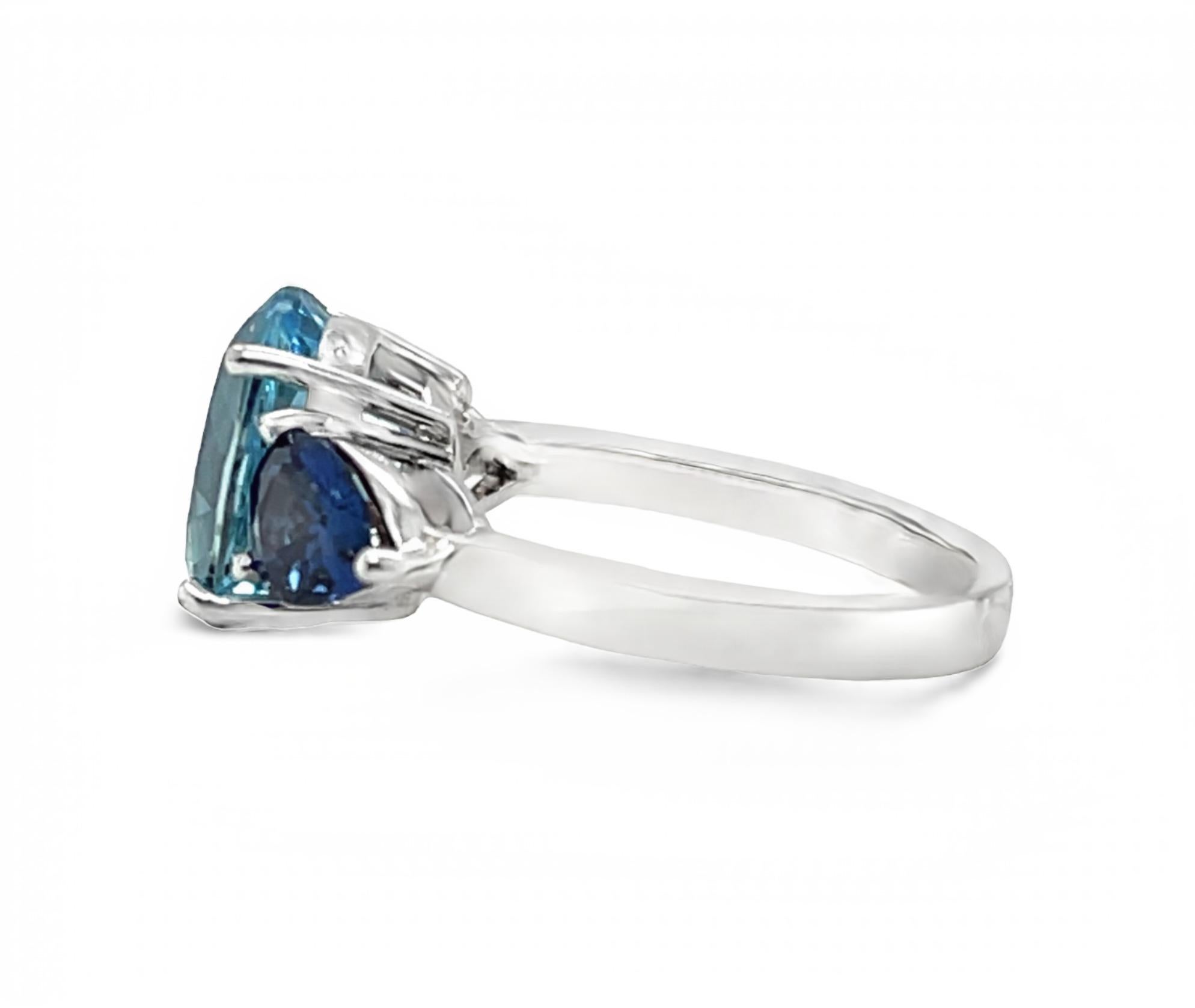 Women's Aquamarine and Blue Sapphire Three-Stone Ring, 3.53 Carats in White Gold