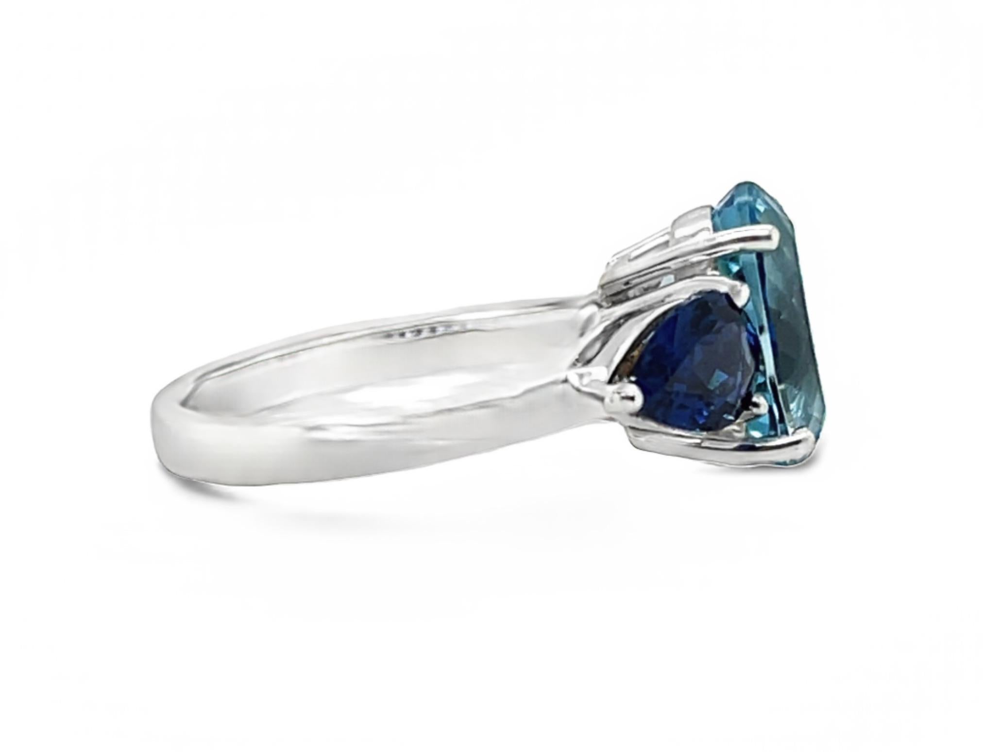 Oval Cut Aquamarine and Blue Sapphire Three-Stone Ring, 3.53 Carats in White Gold