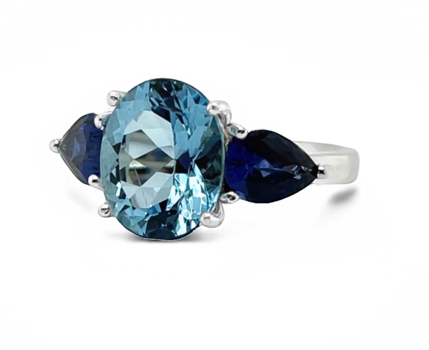 Artisan Aquamarine and Blue Sapphire Three-Stone Ring, 3.53 Carats in White Gold