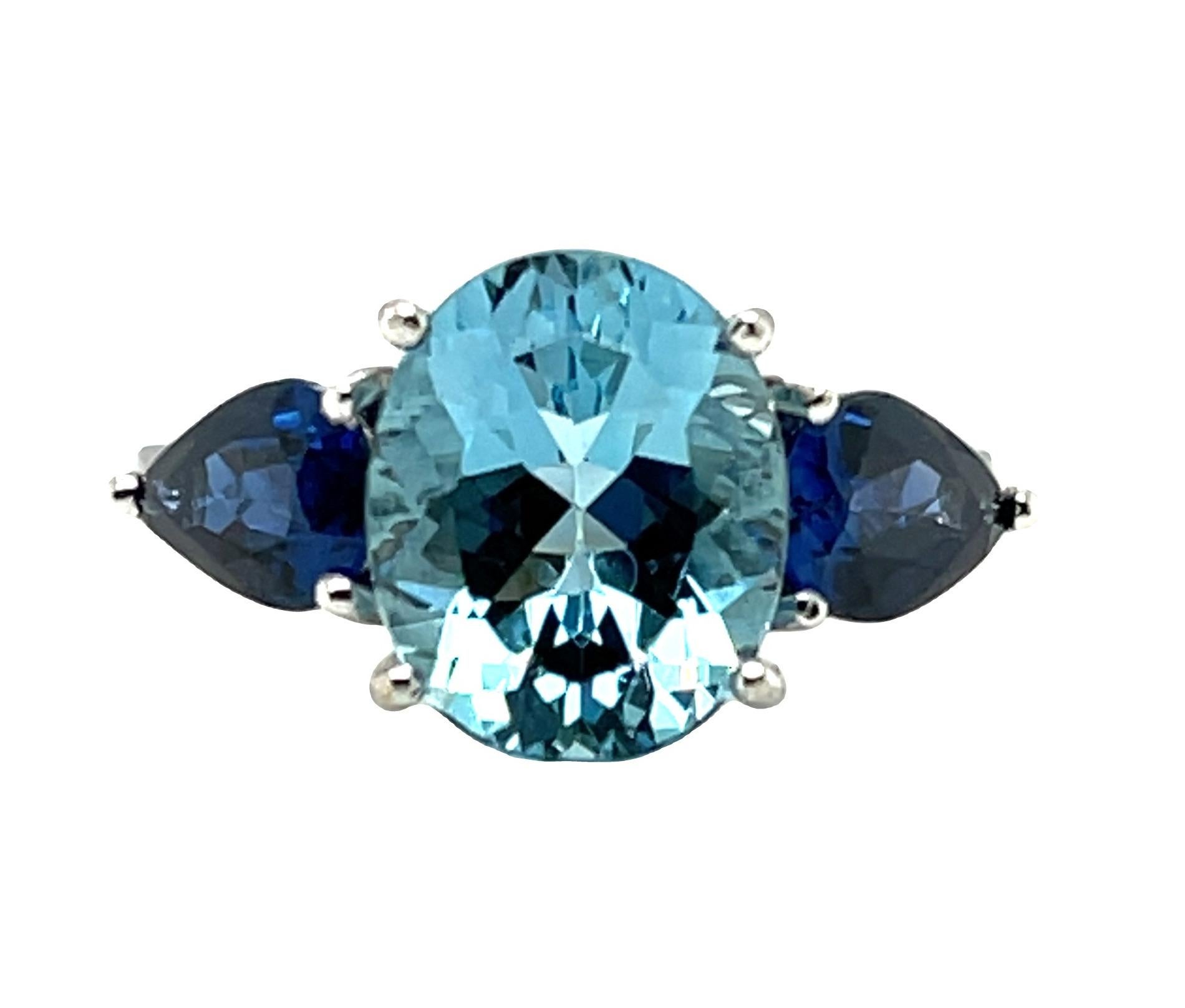 A beautifully vivid aquamarine with bright, rich color and exceptional brilliance is featured in this gorgeous ring. Aquamarines with such deep color are quite rare, especially in such a well-cut and well-proportioned gem. Two lively, beautiful blue