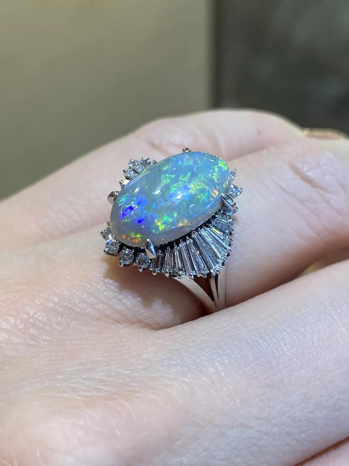Women's 3.53 carat Black Opal & Diamond Ballerina Cocktail Ring in Platinum For Sale
