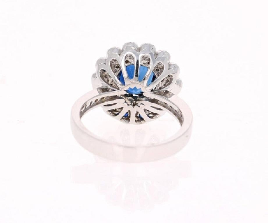 Round Cut 3.53 Carat Blue Sapphire Diamond White Gold Engagement Ring For Sale