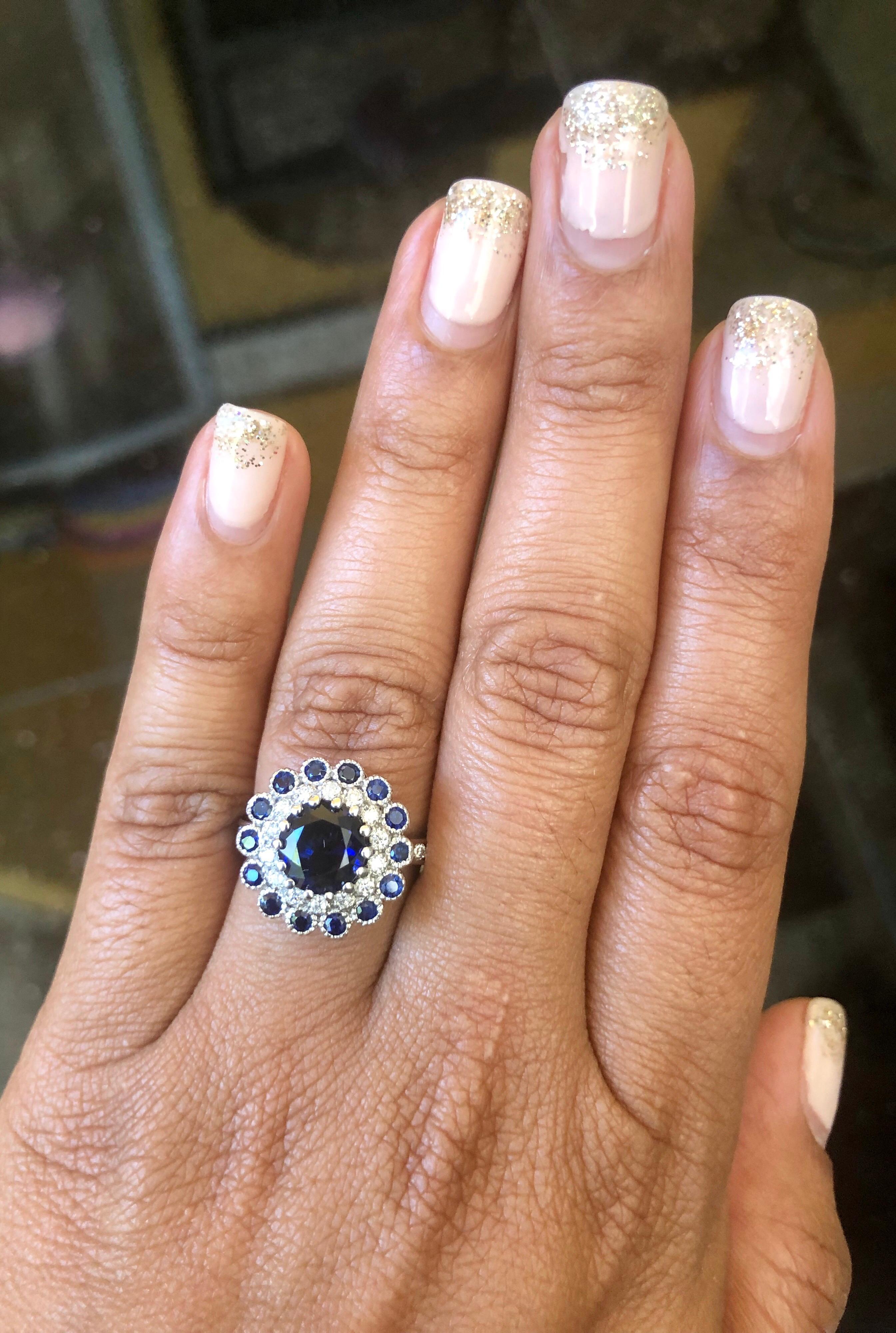 3.53 Carat Blue Sapphire Diamond White Gold Engagement Ring For Sale 1