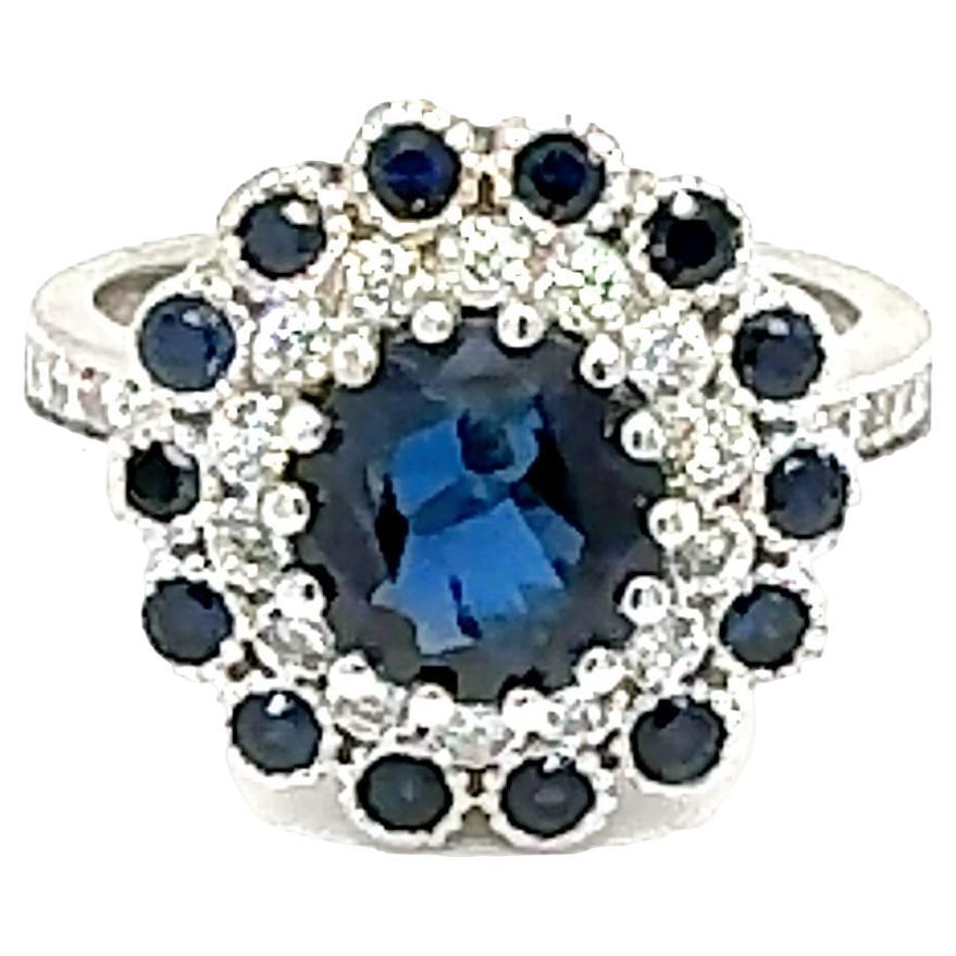 3.53 Carat Natural Blue Sapphire Diamond White Gold Engagement Ring