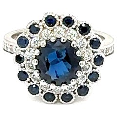 3.53 Carat Natural Blue Sapphire Diamond White Gold Engagement Ring