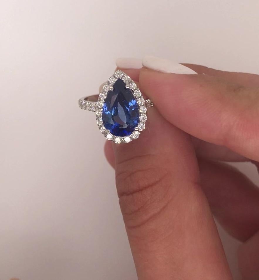 GRS Certified 3.53 Carat Pear Shape Blue Sapphire & Diamond  Engagement Ring In New Condition For Sale In New York, NY