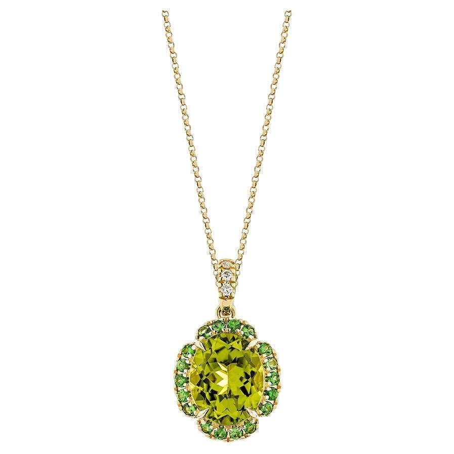 3.53 Carat Peridot Pendant in 18Karat Yellow Gold with Tsavorite and Diamond. For Sale