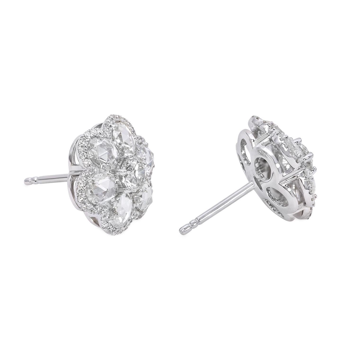 Clous d'oreilles à fleurs en diamants taille rose et diamants ronds brillants de 3,53 carats Neuf - En vente à New York, NY
