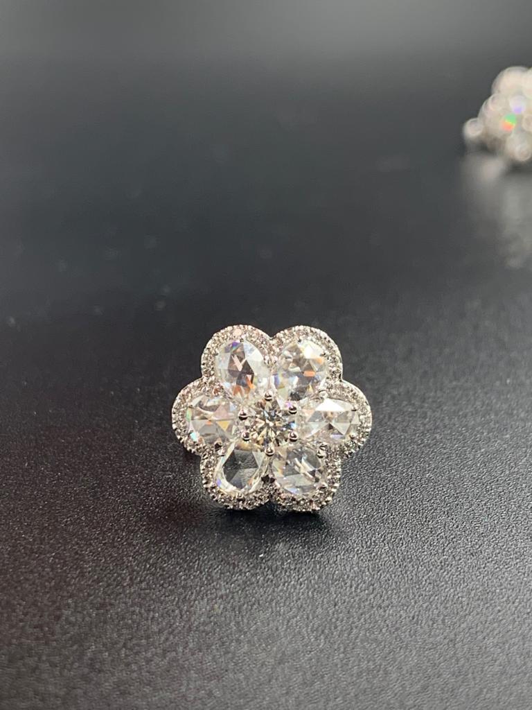 Round Cut 3.53 Carat Rose Cut and Round Brilliant Diamond Floral Stud Earrings For Sale