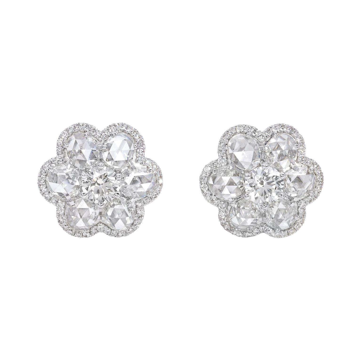 3.53 Carat Rose Cut and Round Brilliant Diamond Floral Stud Earrings For Sale