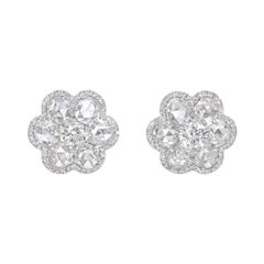 3.53 Carat Rose Cut and Round Brilliant Diamond Floral Stud Earrings