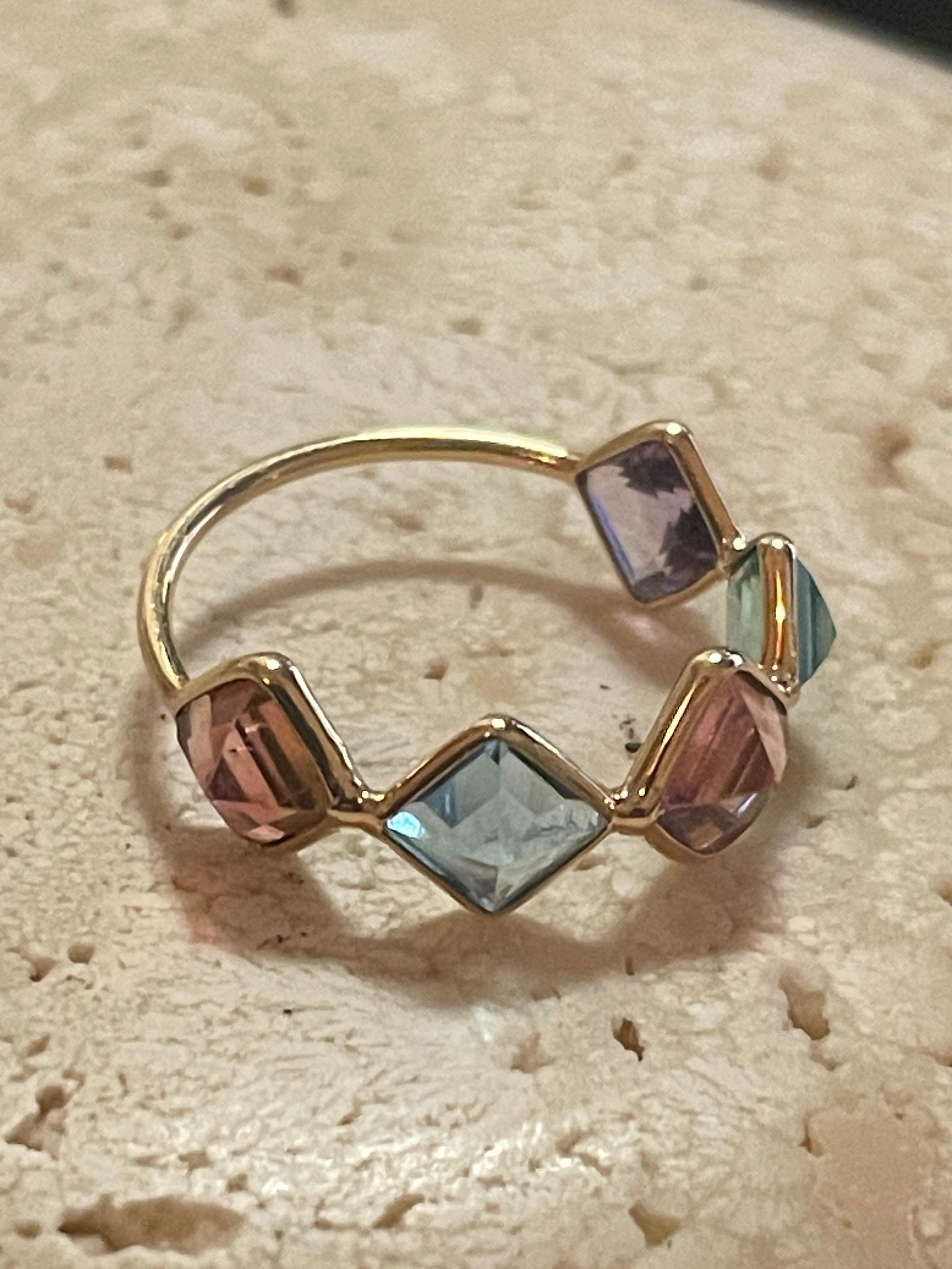 3.53 Carat Tourmaline, Amethyst & Aquamarine Multi Stone 18K Gold Ring In New Condition For Sale In Amagansett, NY
