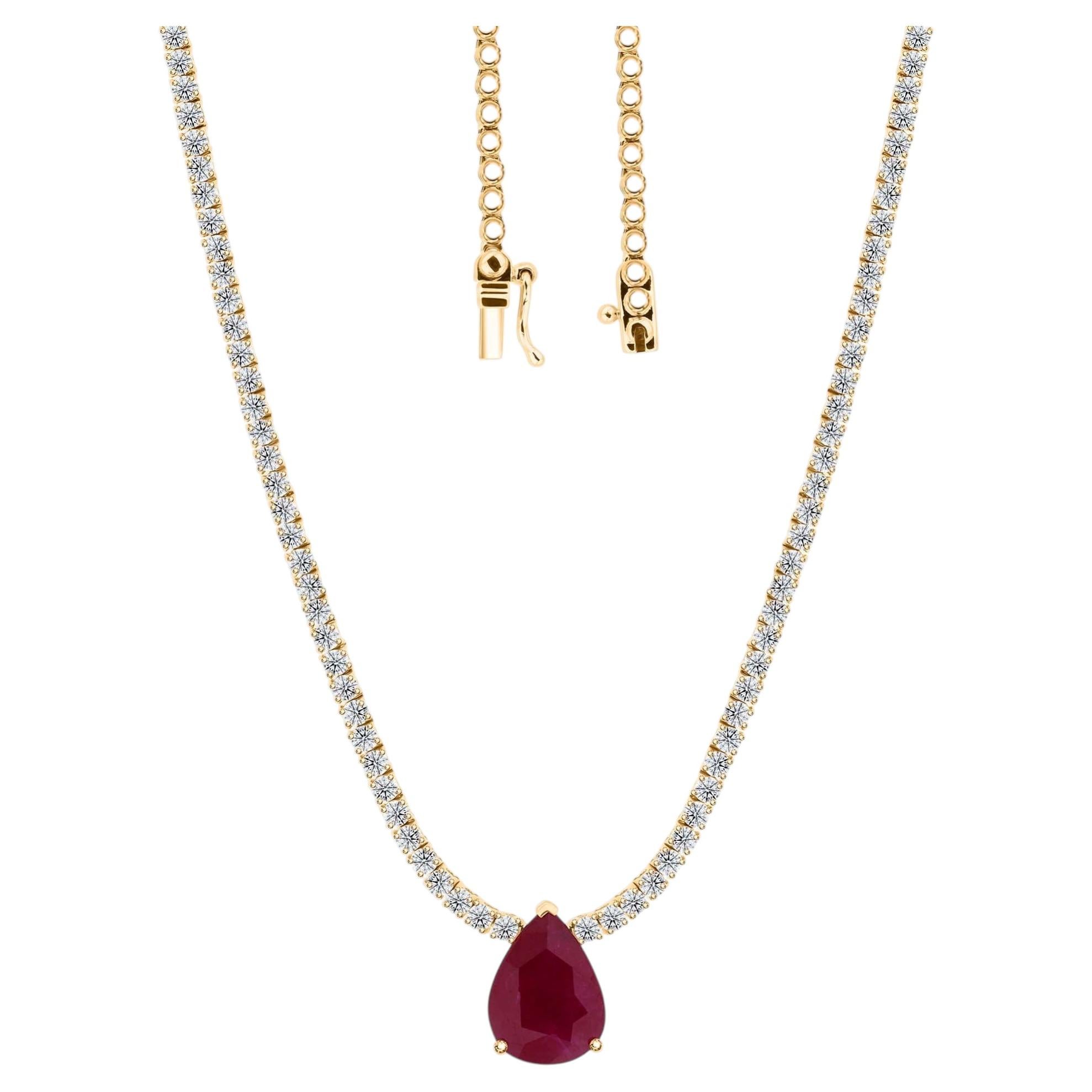 HRD Certified 3.53ct Pear Ruby & 2.81ct Diamond Line Necklace 18K Yellow Gold