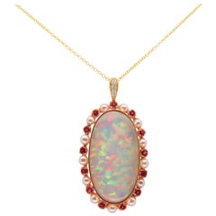 35.32 Carat Opal, Pink Sapphire, Pearl and White Diamond Pendant 14K Yellow Gold