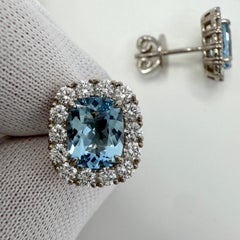 3.53ct Vivid Blue Cushion Aquamarine & Diamond 18k White Gold Halo Stud Earrings