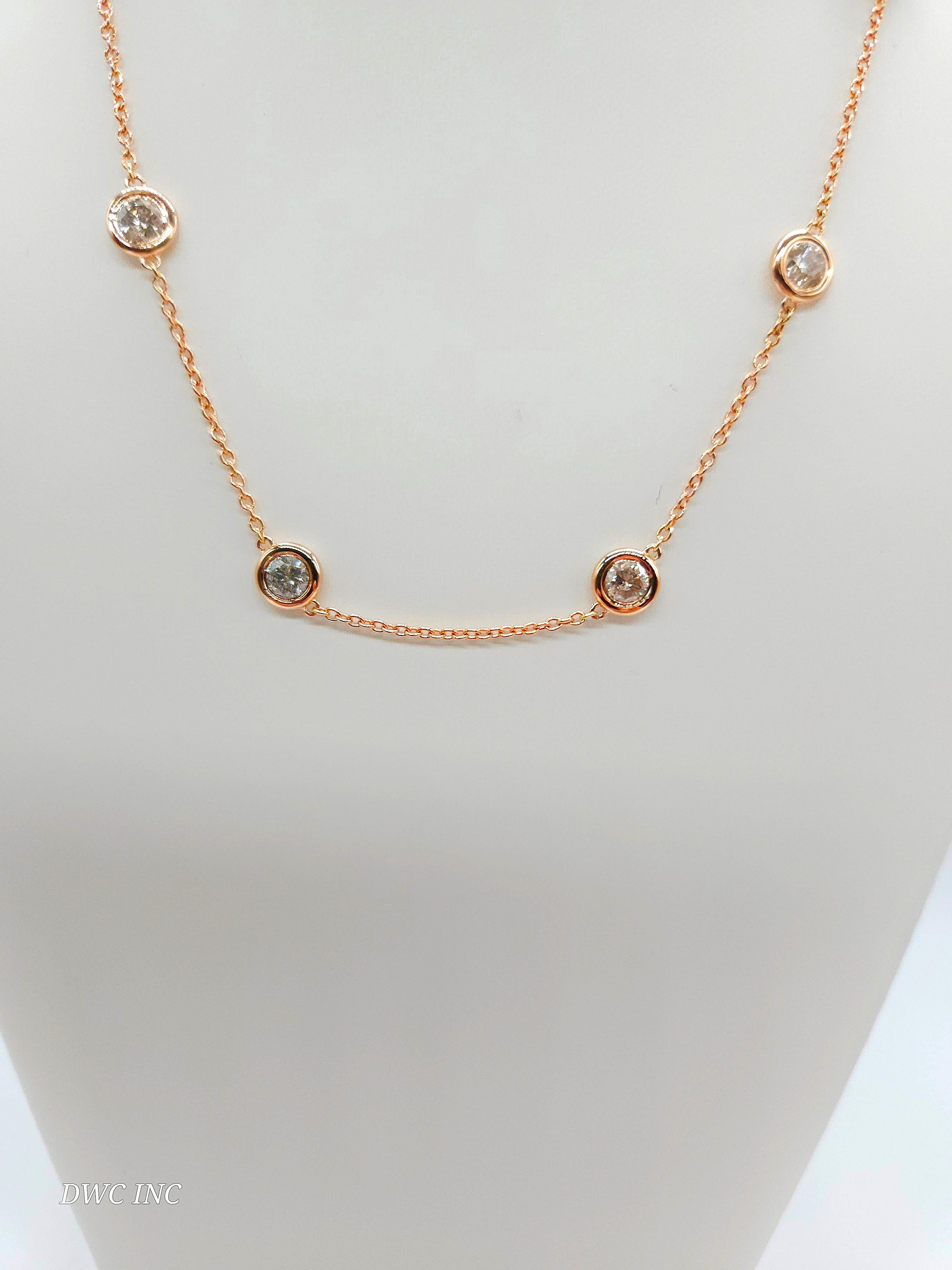 10 Station Diamond by the yard necklace set in Italian made 14K rose gold. 
Total weight is 3.54 carats. Beautiful shiny stones. 
Length 17 inch 7.29 grams. Average I-I Natural Diamond

*Free shipping within U.S*