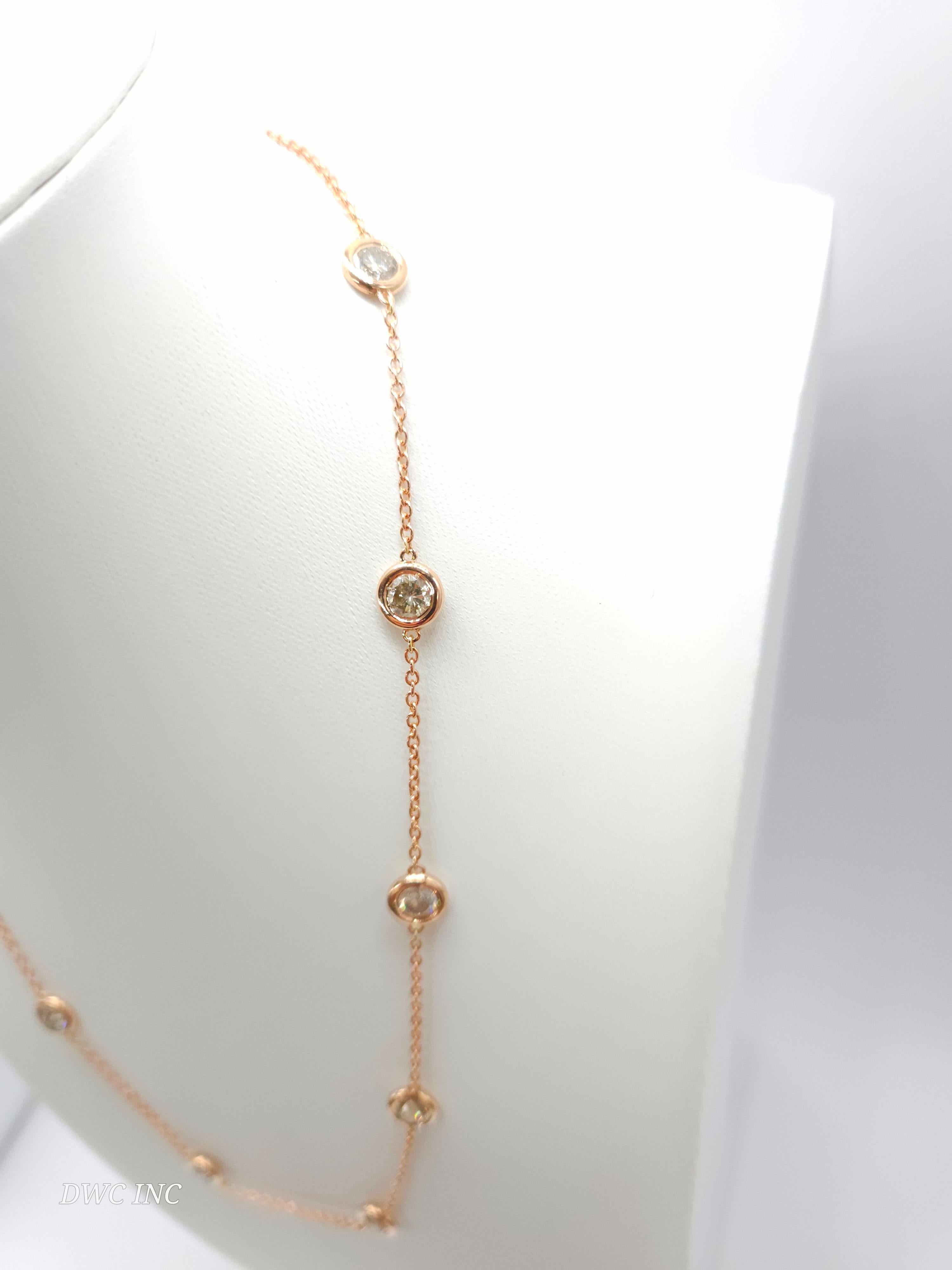 Round Cut 3.54 Carat 10 Station Diamond by the Yard Necklace 14 Karat Rose Gold 17
