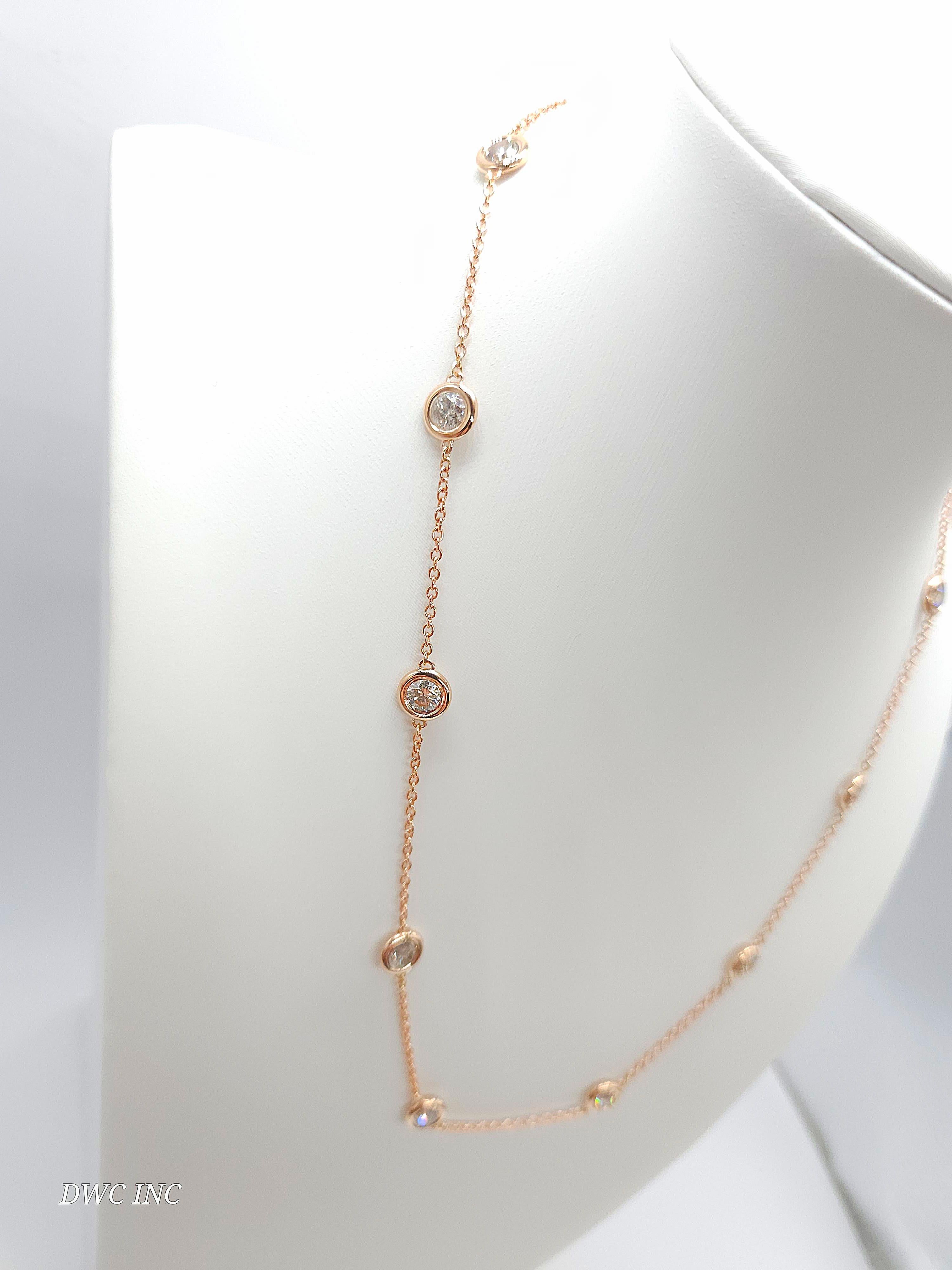 3.54 Carat 10 Station Diamond by the Yard Necklace 14 Karat Rose Gold 17
