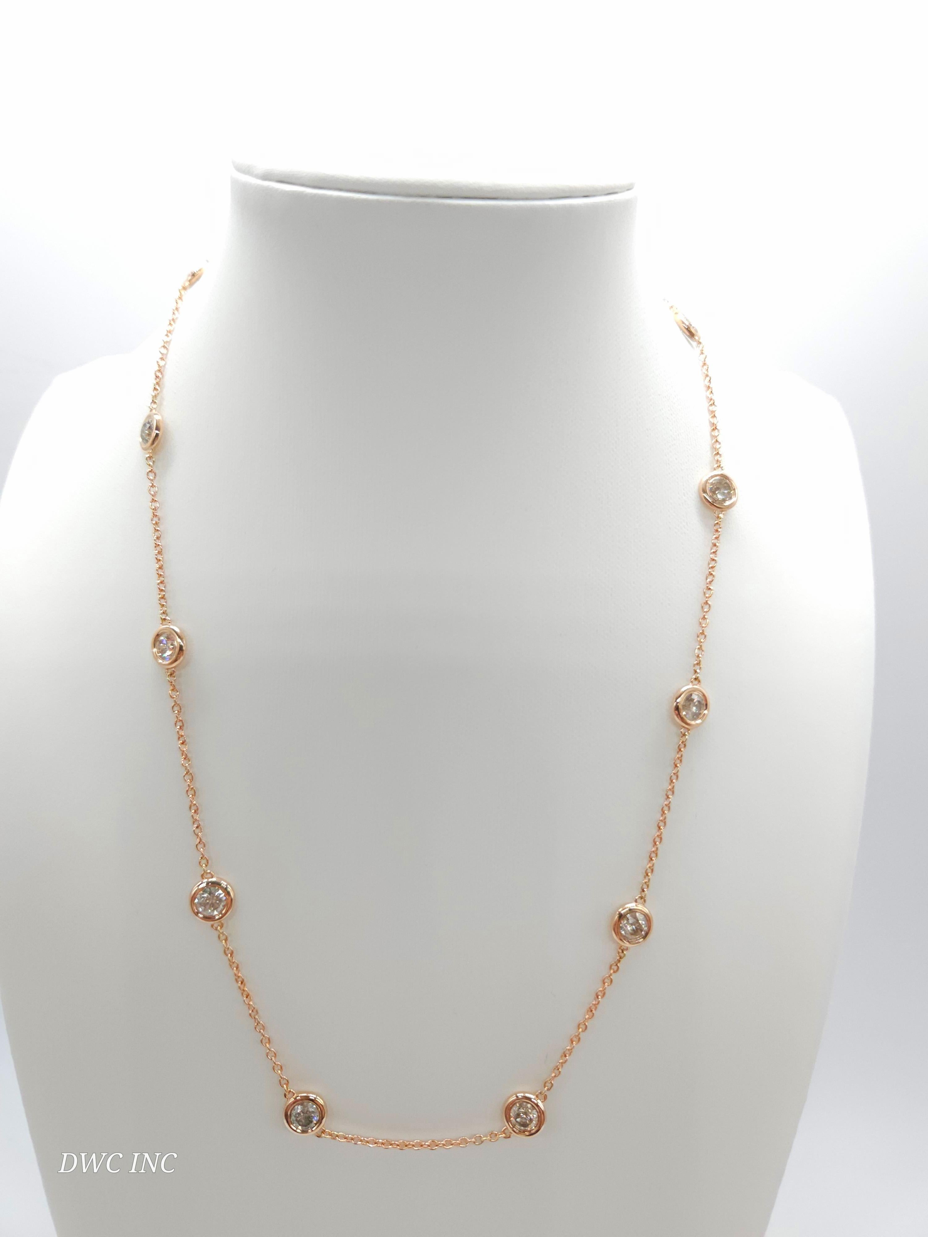 Women's 3.54 Carat 10 Station Diamond by the Yard Necklace 14 Karat Rose Gold 17