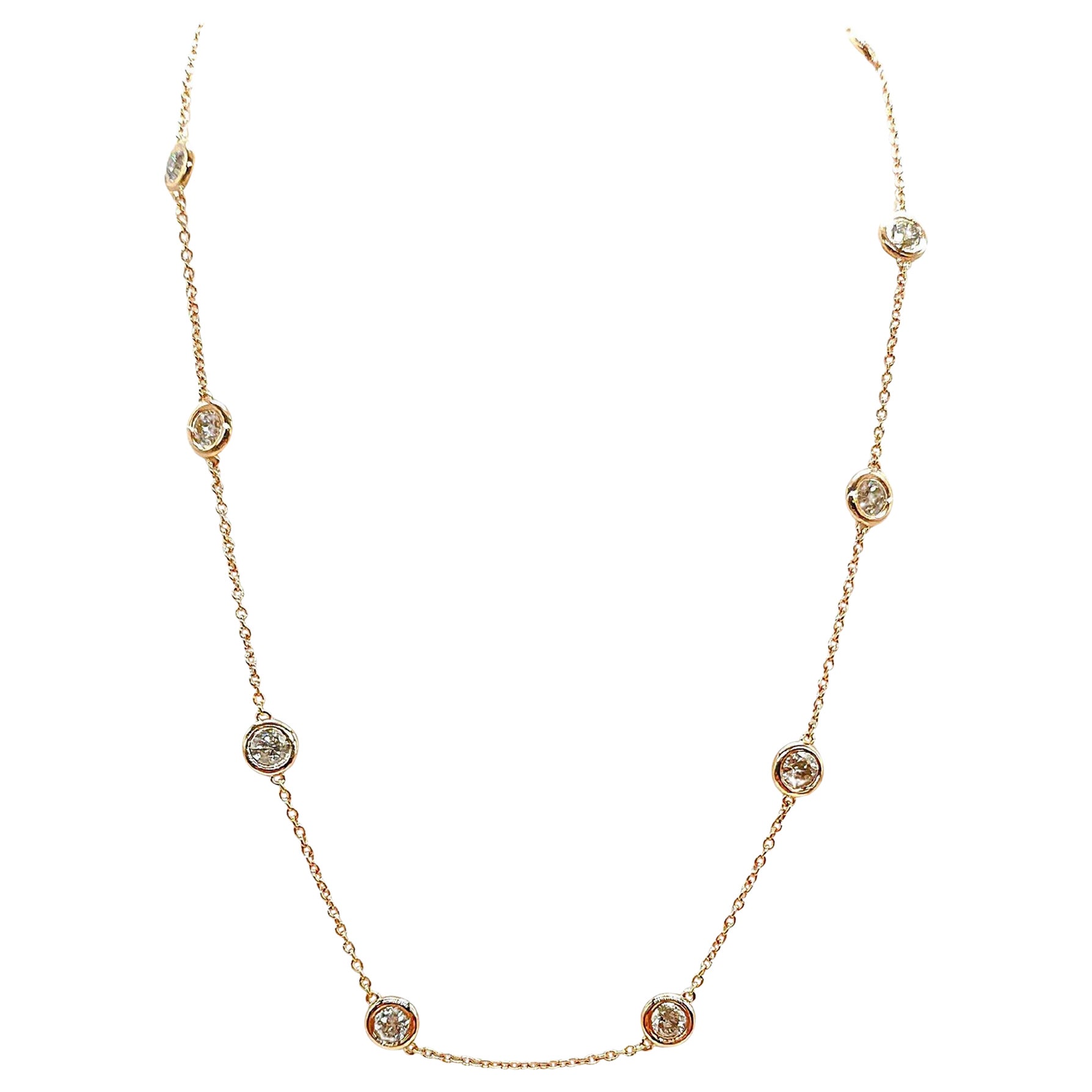 3.54 Carat 10 Station Diamond by the Yard Necklace 14 Karat Rose Gold 17"