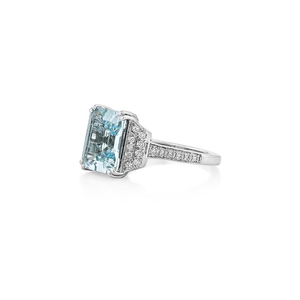 Octagon Cut 3.54 Carat Aquamarine Fancy Ring in 18Karat White Gold with White Diamond.    For Sale