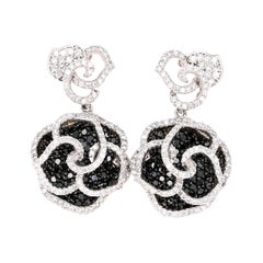 3.54 Carat Black and White Diamond 14 Karat White Gold Rose Shape Earrings