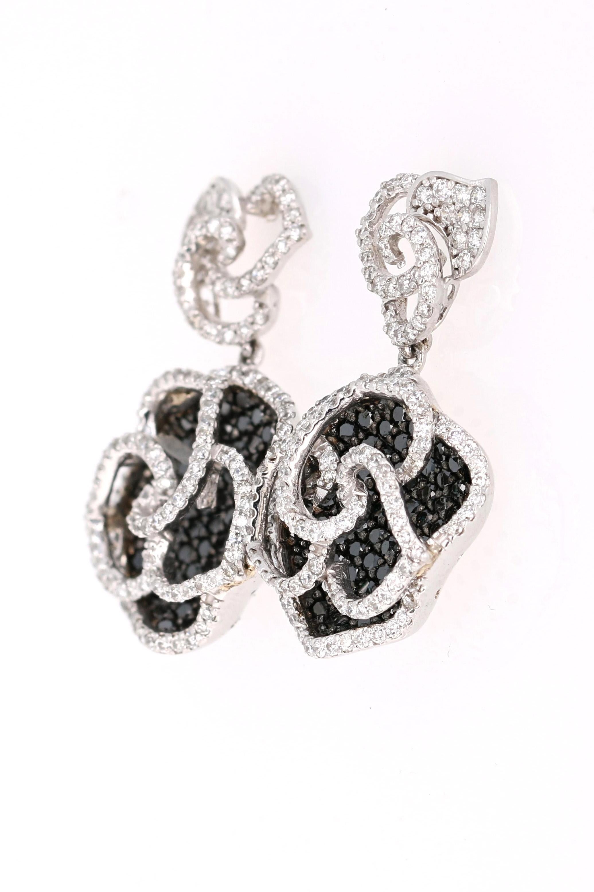 Contemporary 3.54 Carat Black White Diamond 14 Karat White Gold Rose Shape Earrings For Sale