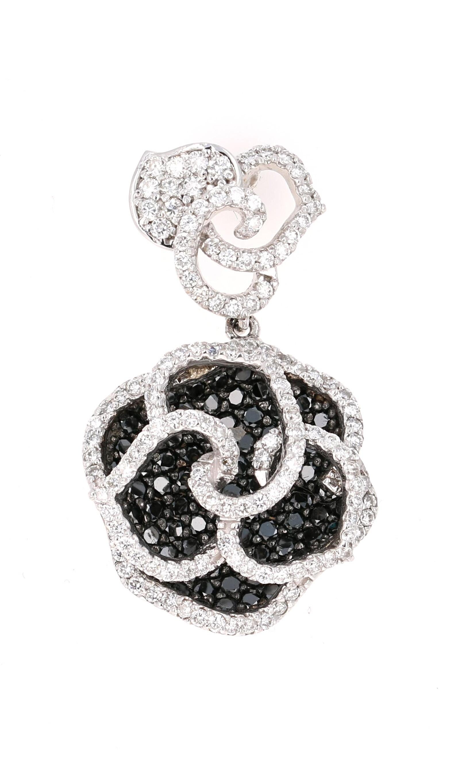 Round Cut 3.54 Carat Black White Diamond 14 Karat White Gold Rose Shape Earrings For Sale