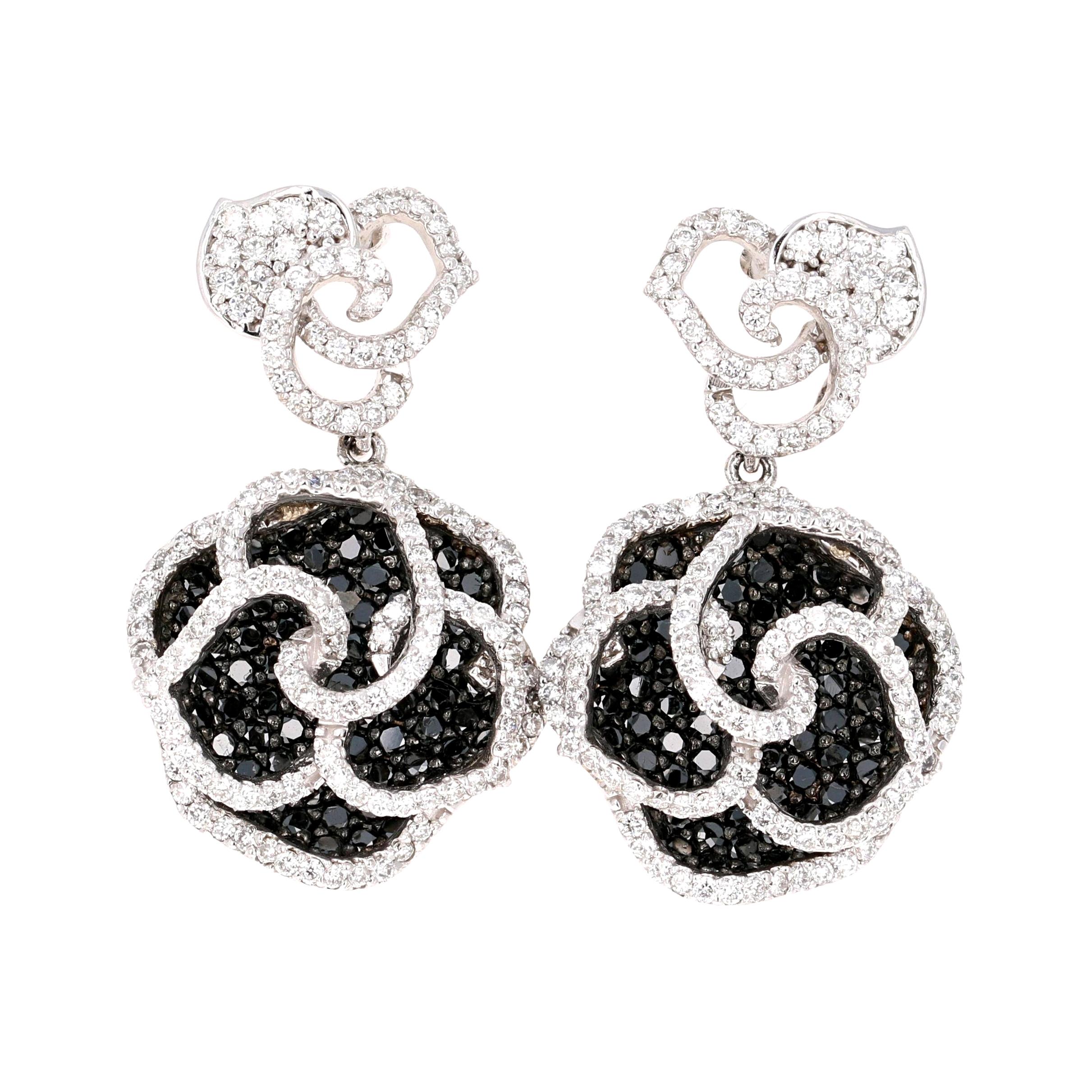 3.54 Carat Black White Diamond 14 Karat White Gold Rose Shape Earrings For Sale