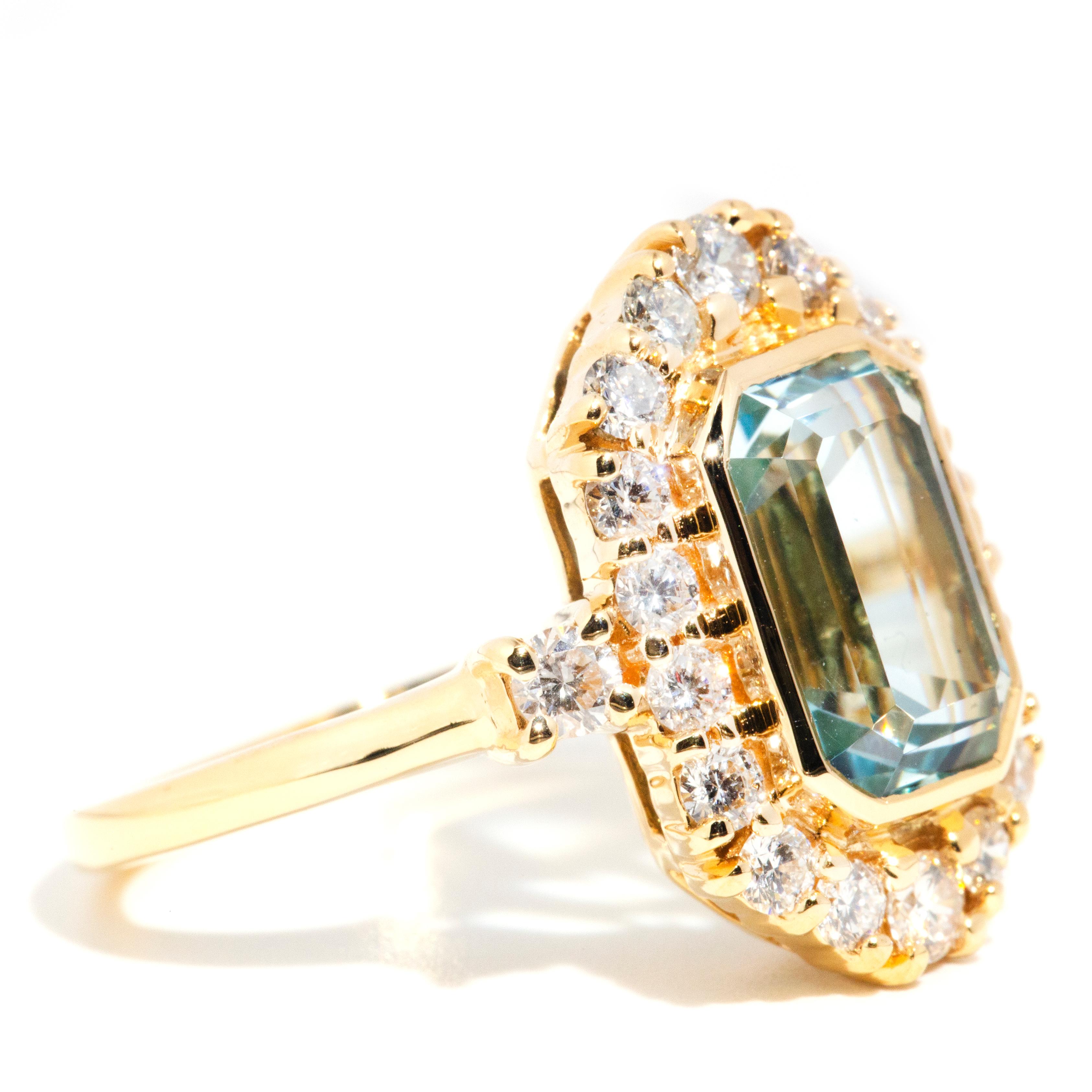 Emerald Cut 3.54 Carat Bright Blue Aquamarine and Diamond Contemporary 18 Carat Gold Ring