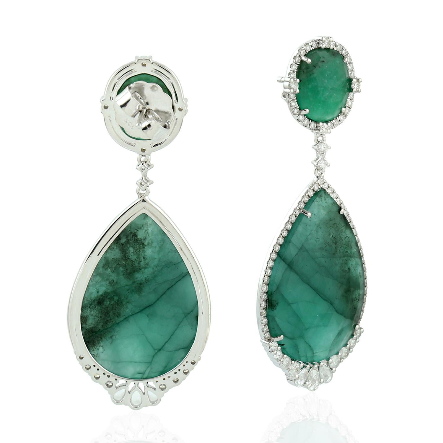 Modern Meghna Jewels 35.4 Carat Emerald Diamond 14 Karat Gold Earrings For Sale