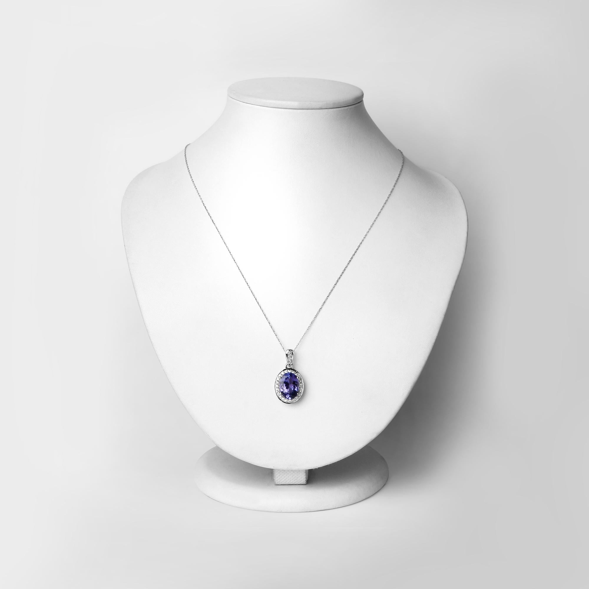 Oval Cut 3.54 Carat Genuine Tanzanite and White Diamond 14 Karat White Gold Pendant