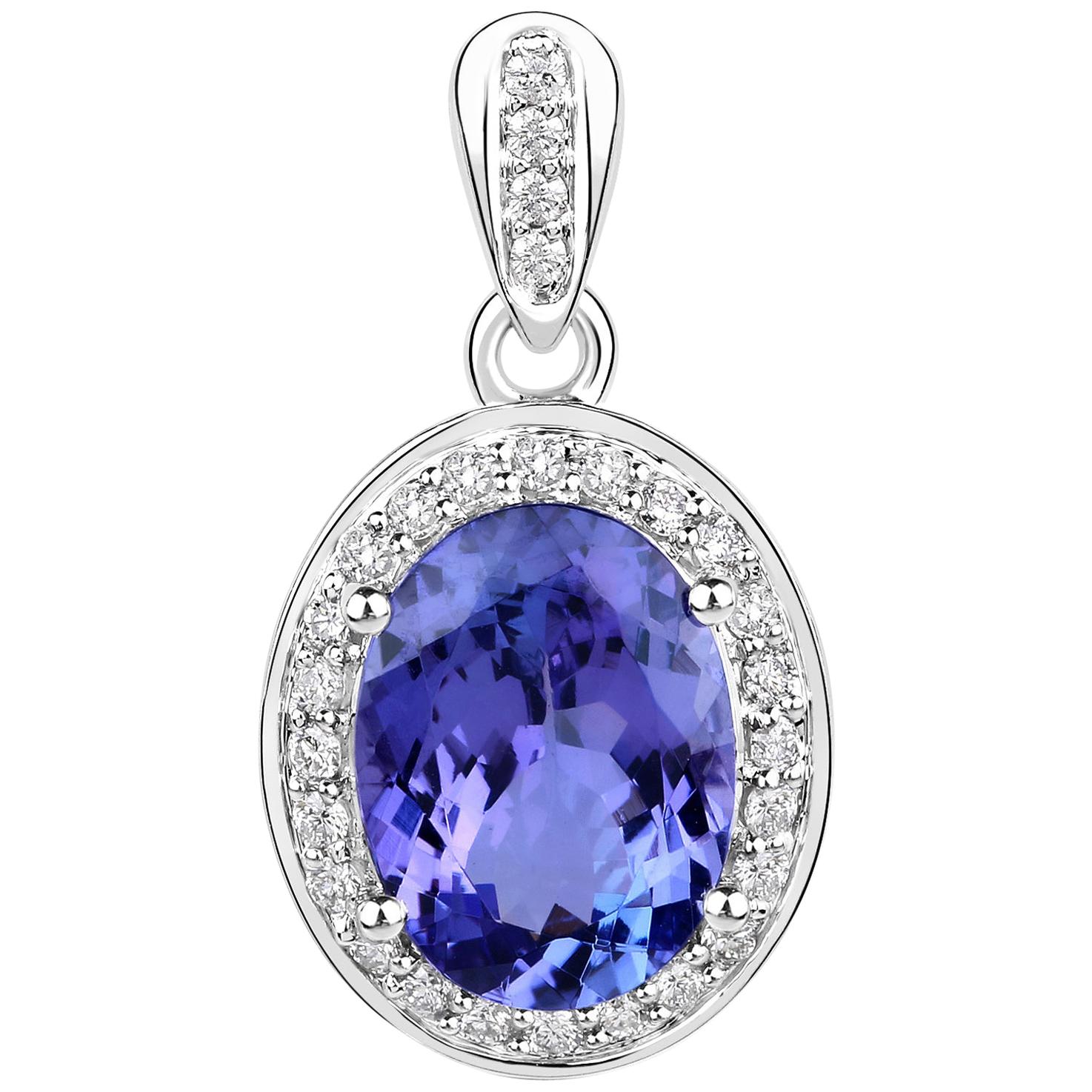 3.54 Carat Genuine Tanzanite and White Diamond 14 Karat White Gold Pendant