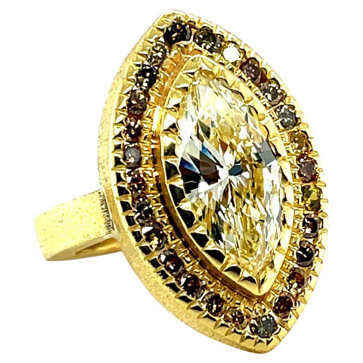 3.54 Carat Marquise Diamond Ring in 22K Yellow Gold with Fancy Colored Diamonds For Sale