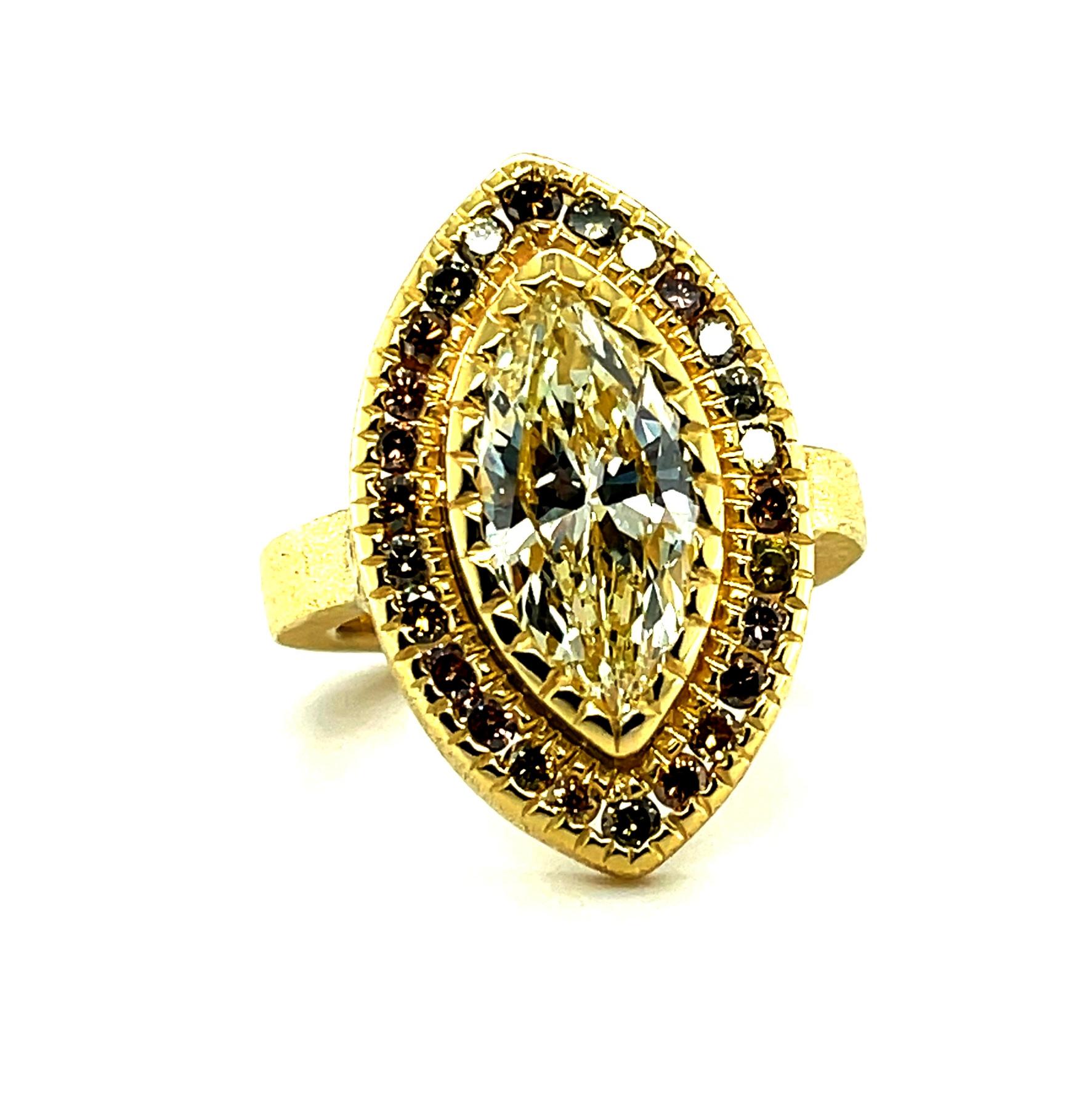 Artisan 3.54 Carat Marquise Diamond Ring in 22K Yellow Gold with Fancy Colored Diamond For Sale