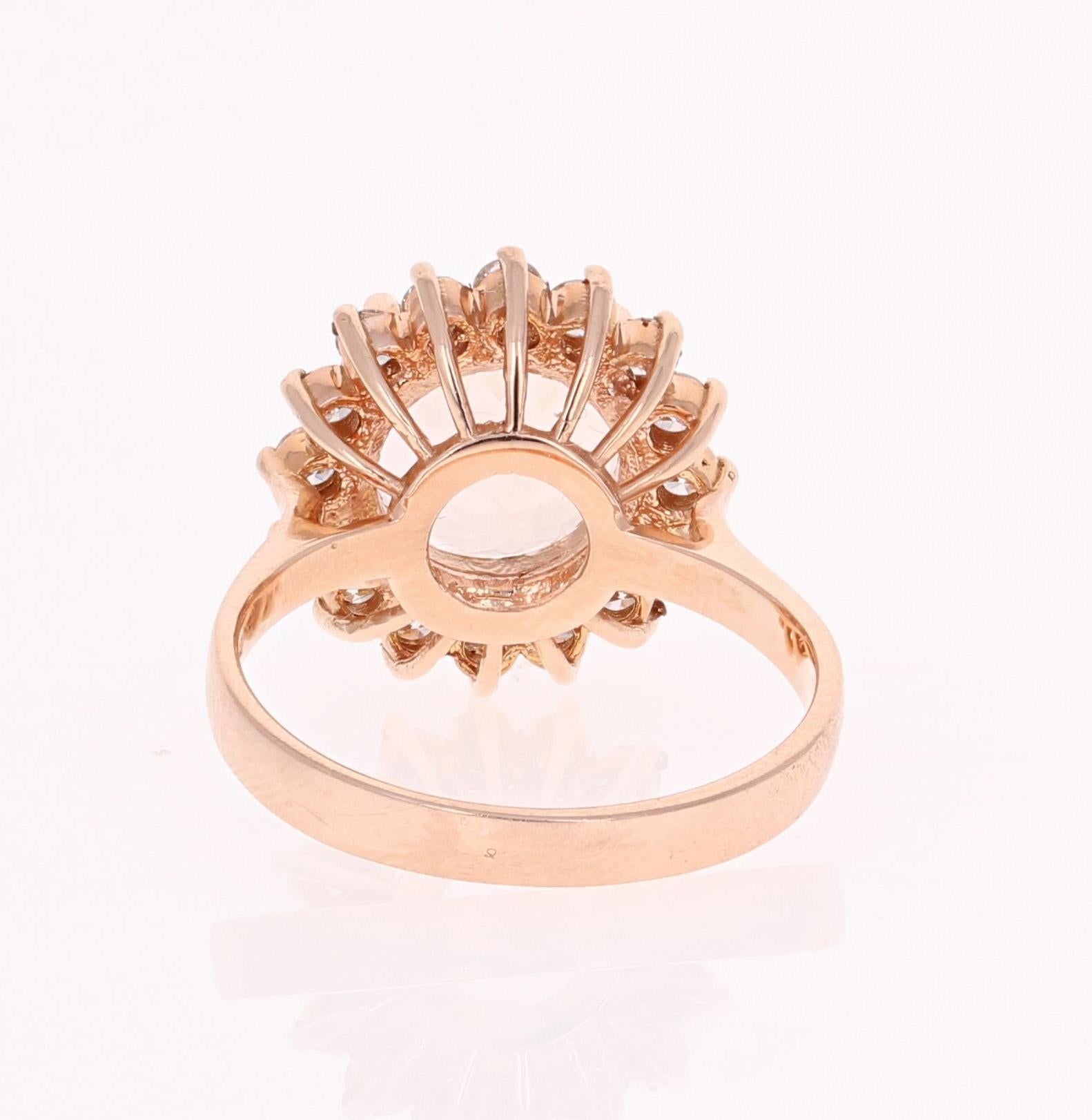 Round Cut 3.54 Carat Morganite Diamond 14 Karat Rose Gold Cocktail Ring