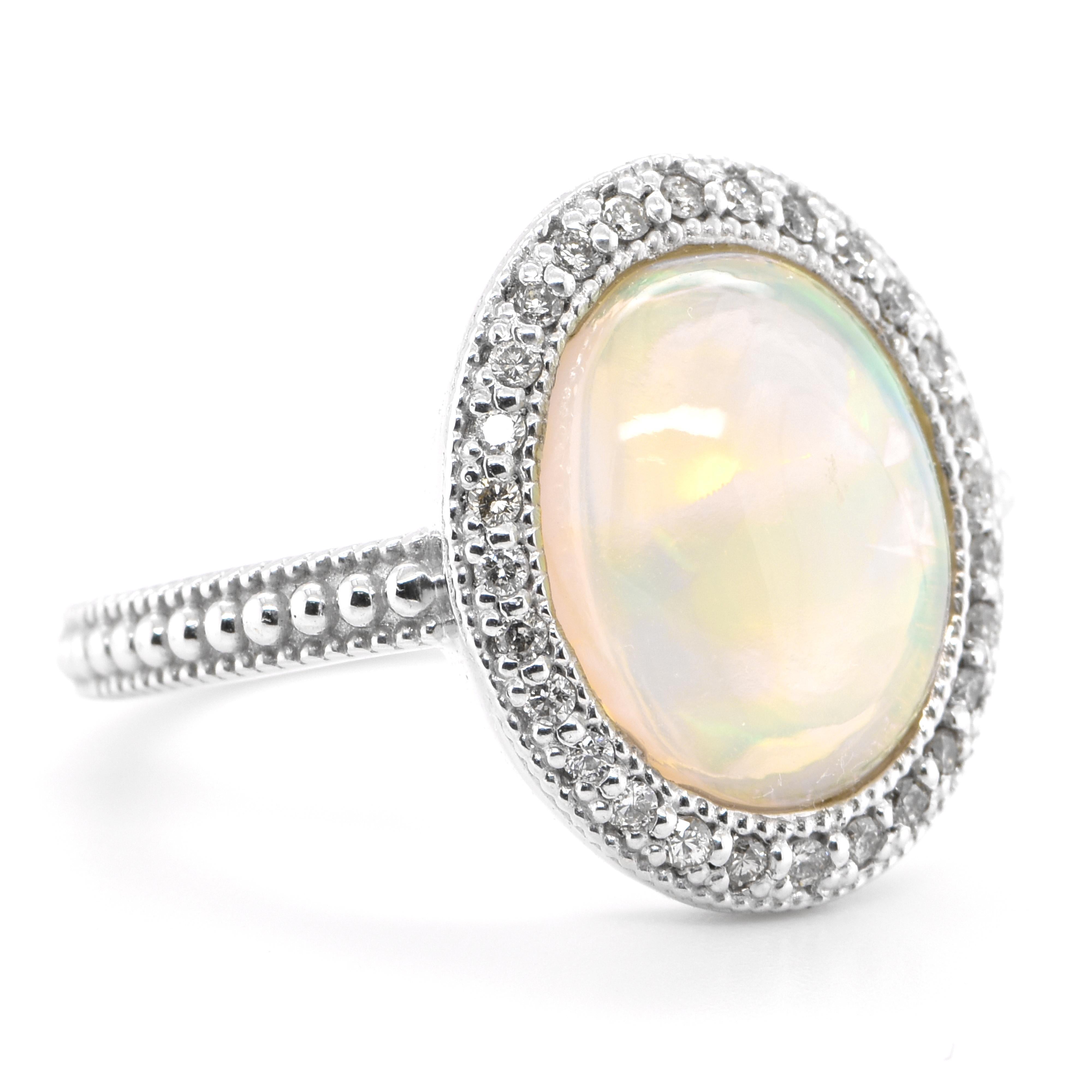 Modern 3.54 Carat Natural White Opal and Diamond Vintage Ring Set in 18K White Gold