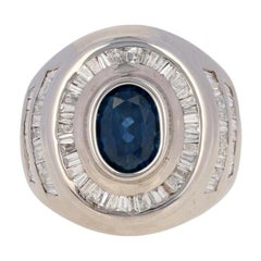 3.54 Carat Oval Cut Sapphire and Diamond Ring, 14 Karat White Gold Halo Men's