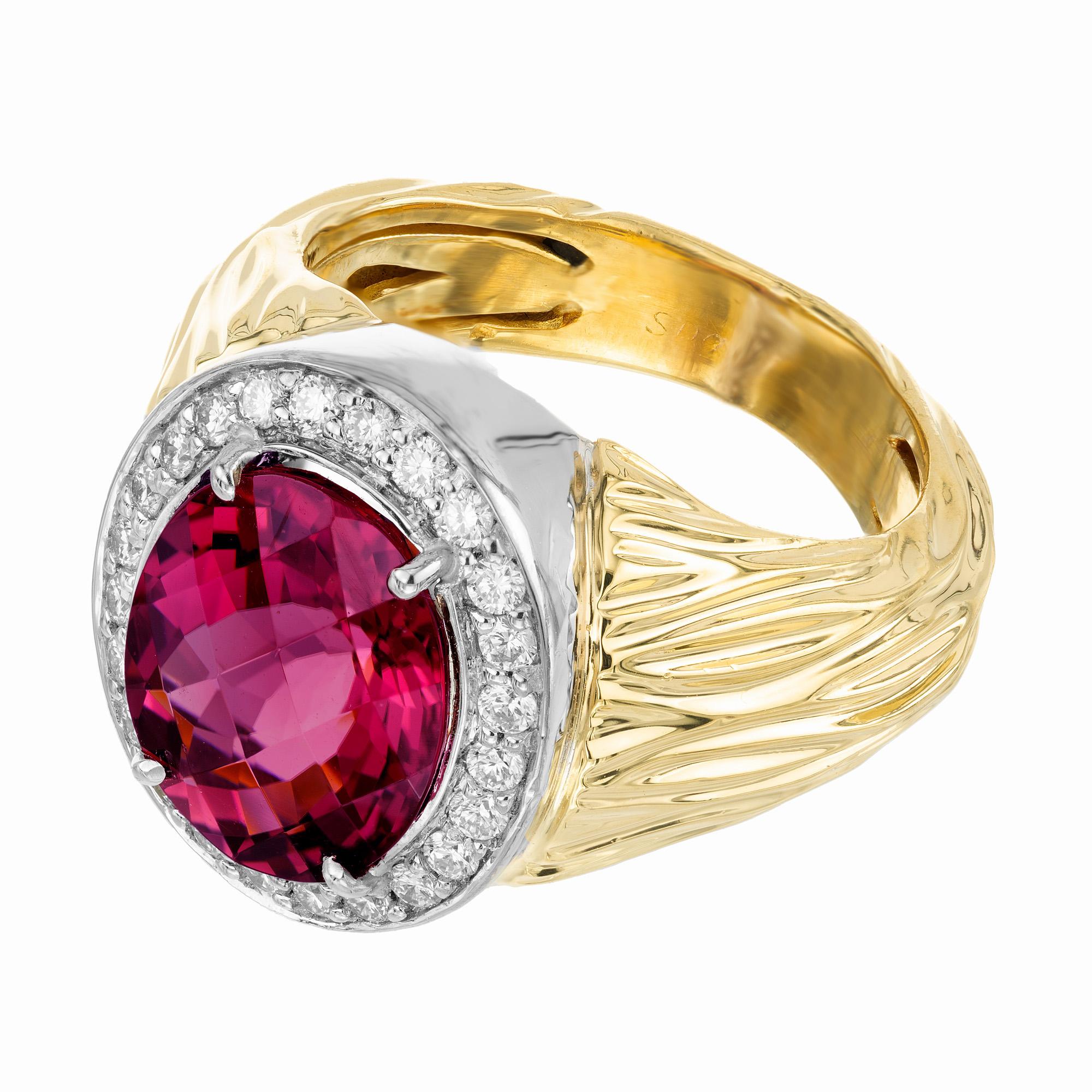 Oval Cut 3.54 Carat Oval Faceted Pink Tourmaline Diamond Halo Gold Cocktail Ring For Sale