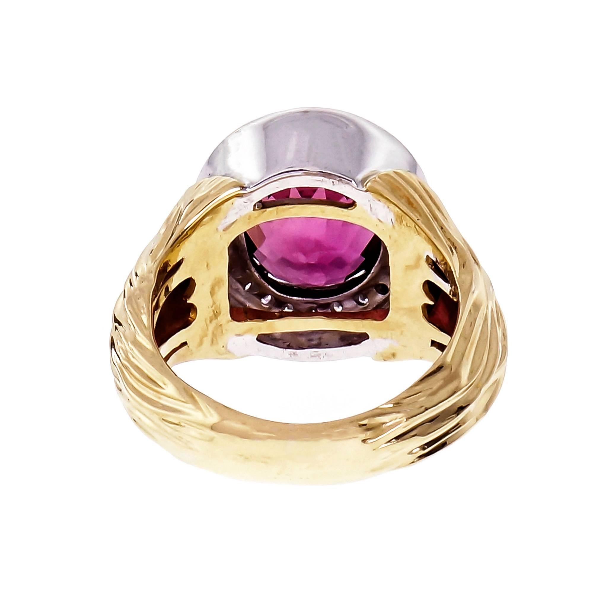3.54 Carat Oval Faceted Pink Tourmaline Diamond Halo Gold Cocktail Ring In Good Condition For Sale In Stamford, CT